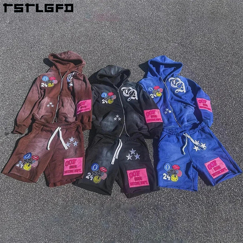 Custom Men's Streetwear Double Zipper Embroidery Patch Acid Wash Raw Hem Plus Size Sweatsuit Heavyweight Hoodie Shorts Track