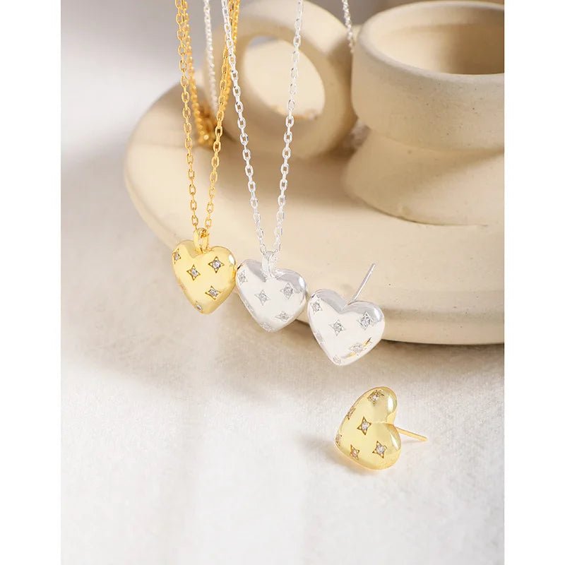 Dainty 925 Sterling Silver Gold Plating CZ Zircon Heart Charm Necklace/Earrings Set for Women