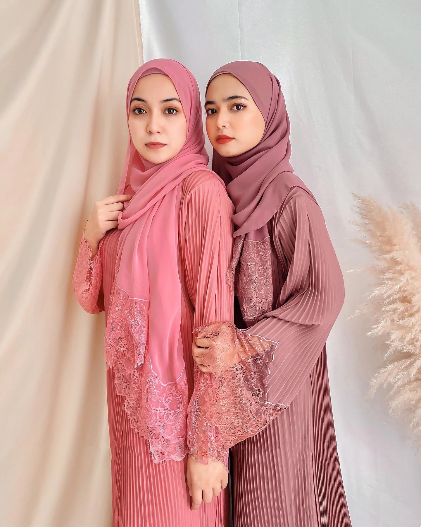 Dubai Floral Lace Jibab Khimar Limanying Burqa Long Sleeves Pleated Allium Islamic Muslim Clothing Abaya With Hijab