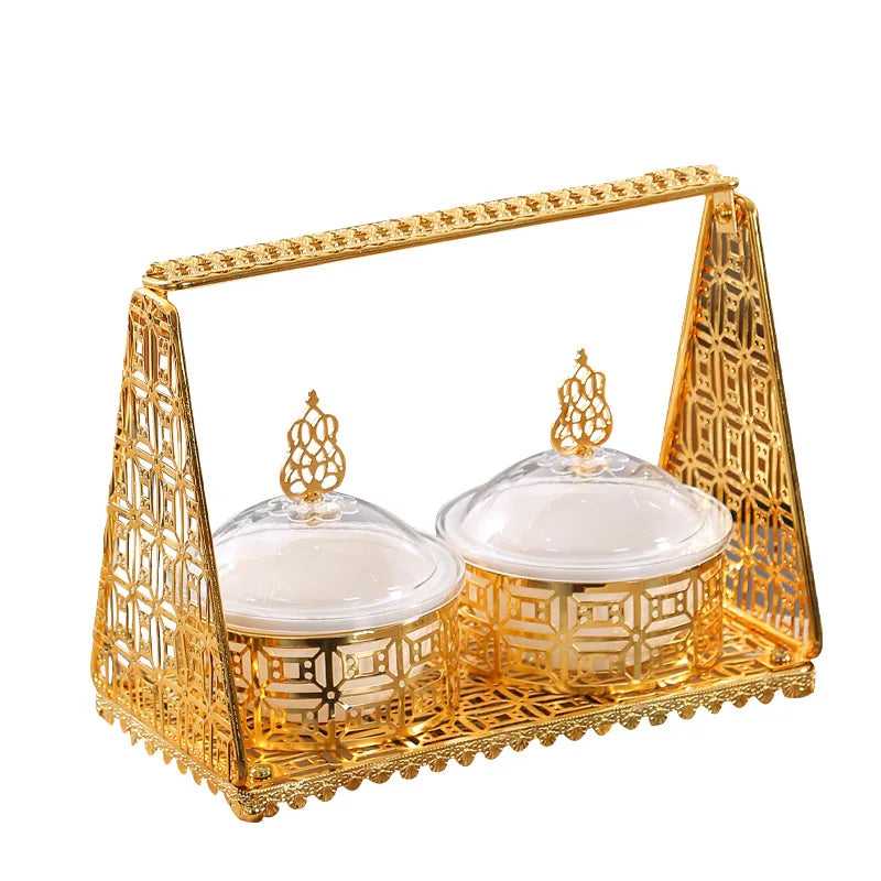 QIAN HU Turkish Gold Metal Serving Tray Square Compartment Snack Dish Lid for Dry Fruit Dried Coffee Shops Weddings Christmas
