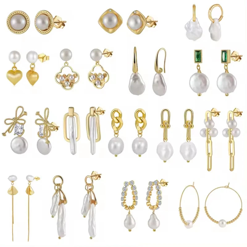 RINNTIN GPE 14K Gold Plated Pearl Dangle Stud Earrings Set Fashionable Freshwater Pearl Earrings Earrings for Women