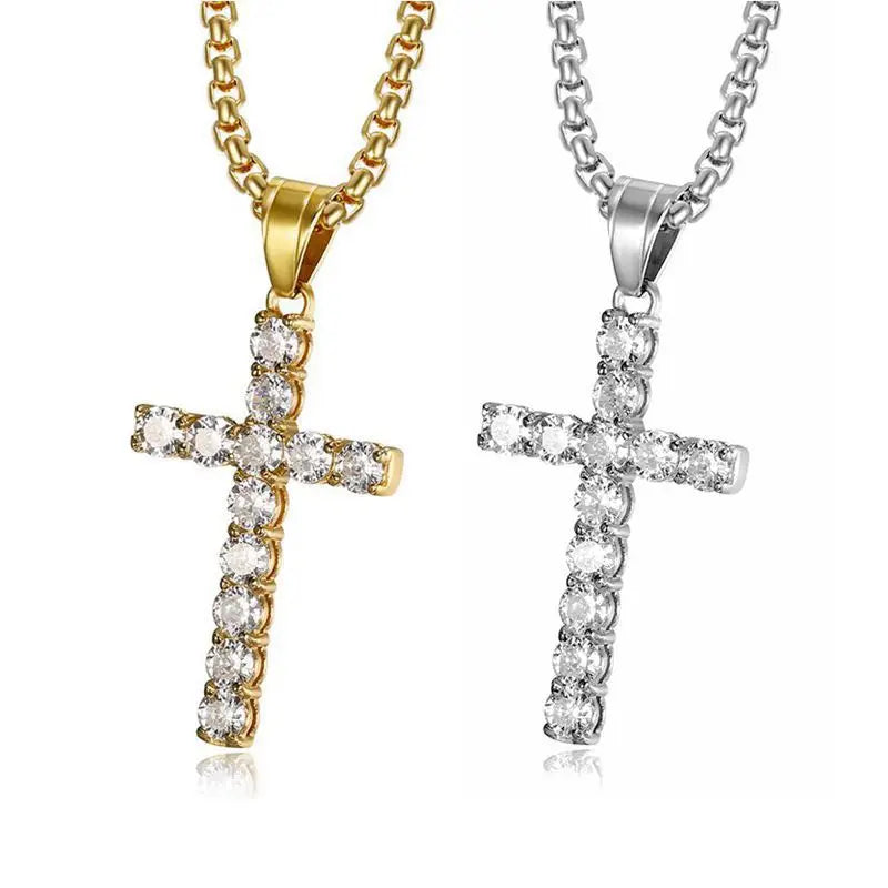 Sparkling 18K Gold Stainless Steel Christian Jesus Jewelry Bling Large Big Diamond Cross Pendant Necklace for Women