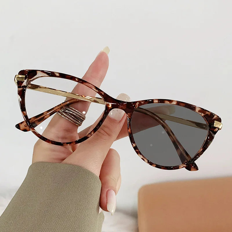 Newest Tortoise Shell Transparent Clear Lens Cut Photochromic PC Lenses Glasses Cat Eye Anti Blue Light Computer Eyeglasses