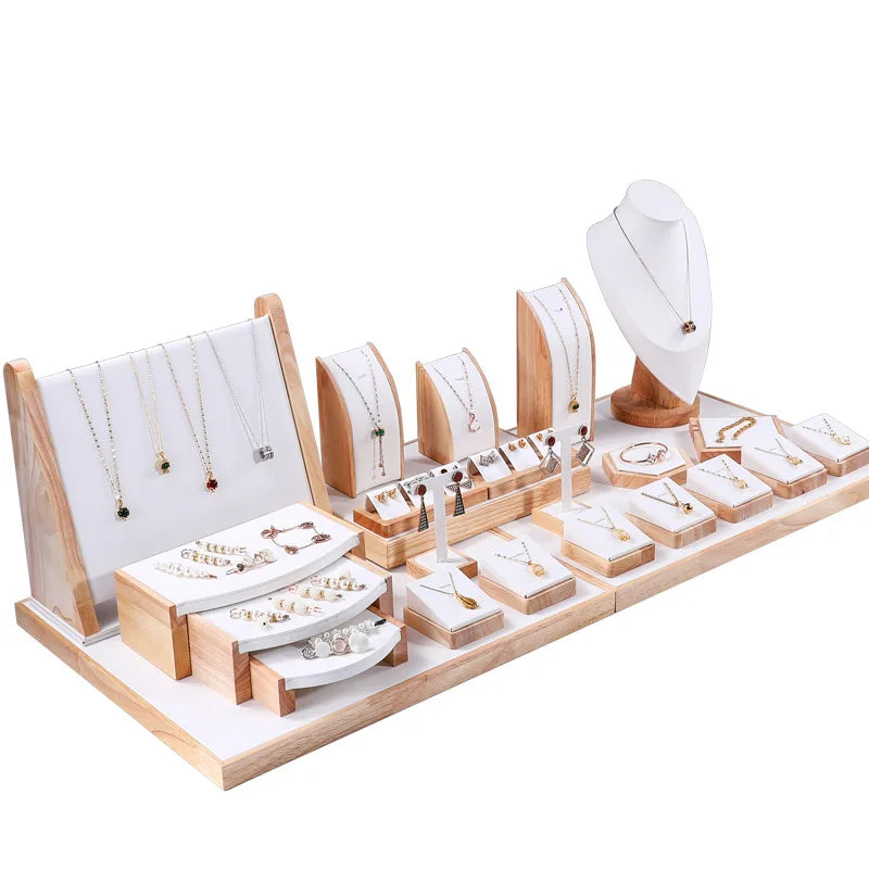 Custom Jewelry Display Sets High End OEM Logo Wooden Frame Necklace Earring Display Stand