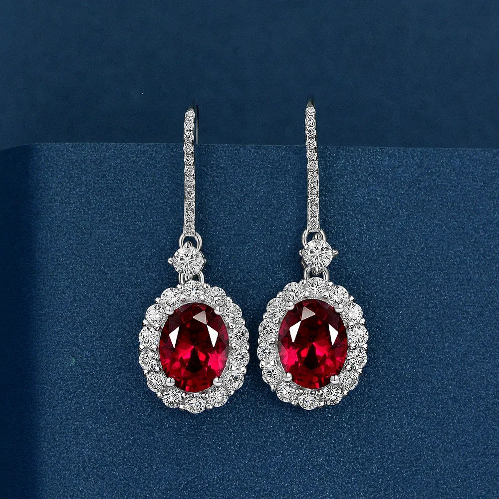 Popular Lady Elegant High Carbon Zirconia Oval Cut Gemstone Earrings Red Ruby Earring for Women Gift or Party Wear