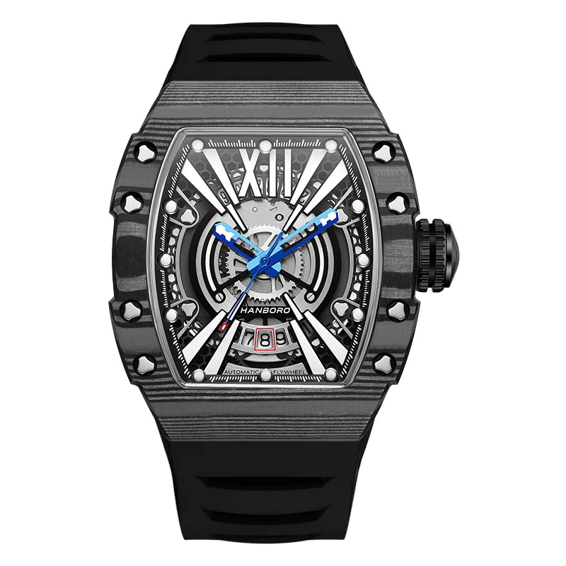 HANBORO East Ascension Series Men's Carbon Fiber Square Silicone Glass Watch Automatic Mechanical Luminous Display Pointer Dial