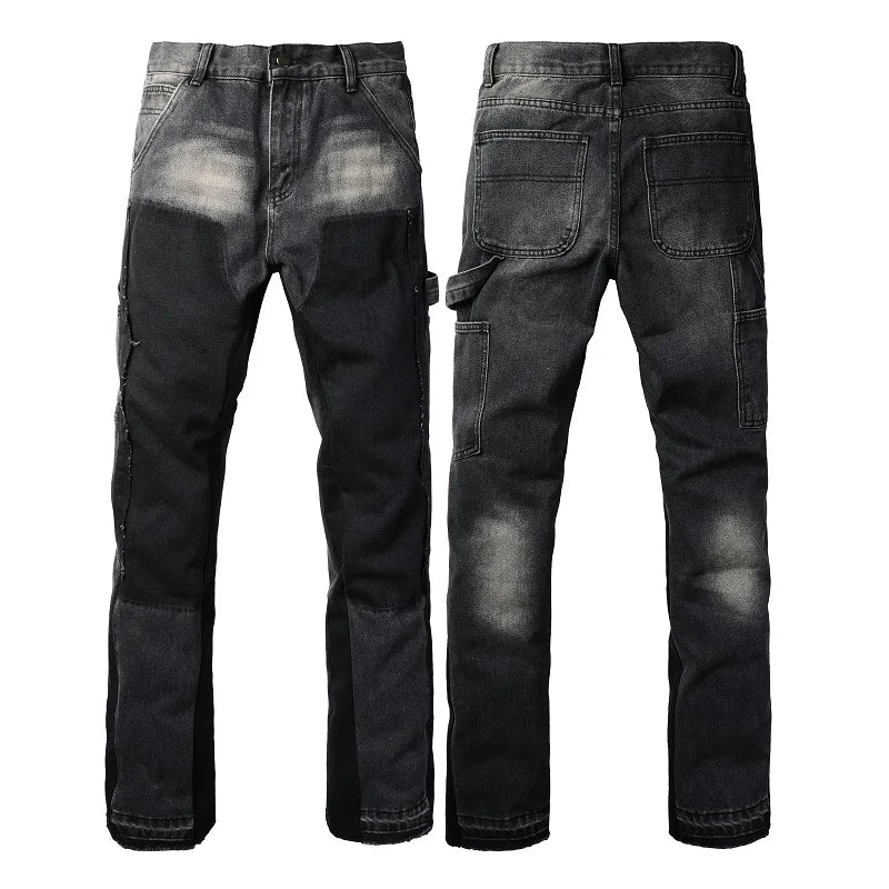 High Quality Black Baggy Cargo Pants for Men Flare Style Relaxed Cotton Denim Trousers Hip Hop Y2K Inspired
