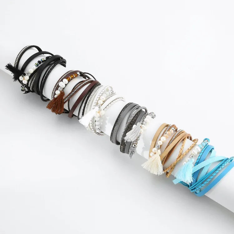 DHJ00194 Fashion Multi Layer Leather Bracelet With Tassels Women Magnetic Buckle Bracelet