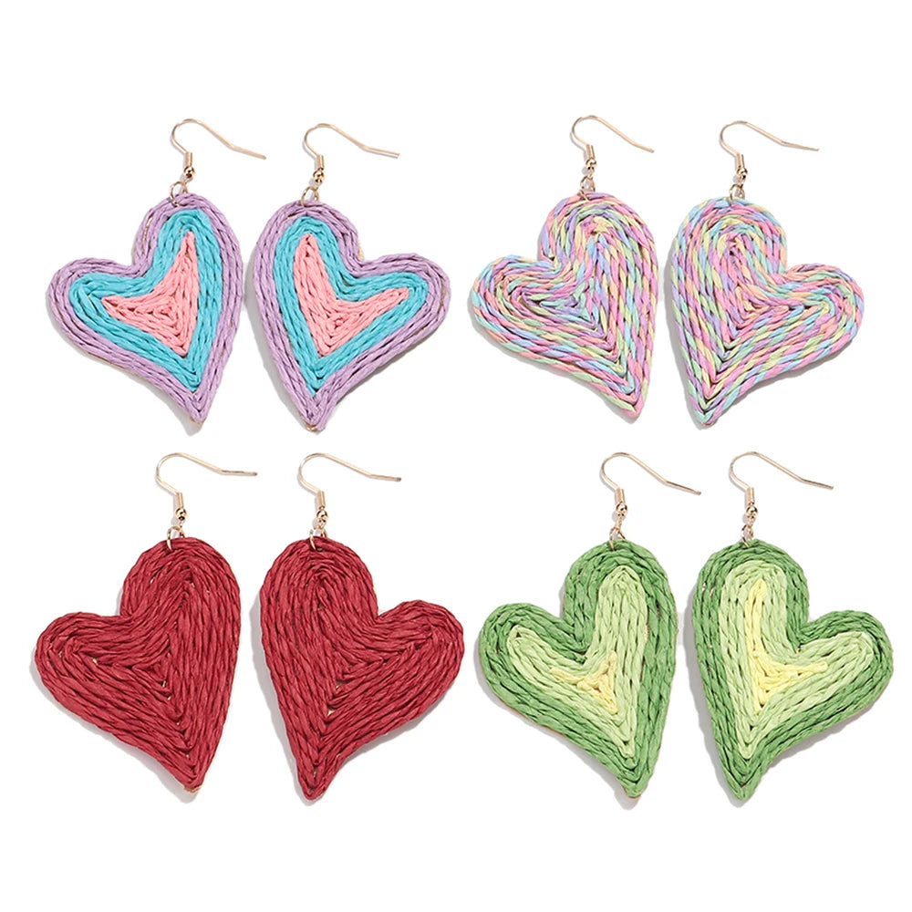 Casual Holiday Jewelry Sweet Heart Pendant Handmade Colorful Raffia Accessories Dangle Earrings for Women and Girls