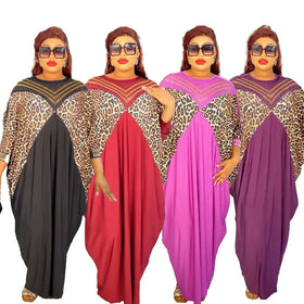 African Hot Selling Shining Diamond Print Tiger Floral Batwing Long Maxi Dress for Women K0270