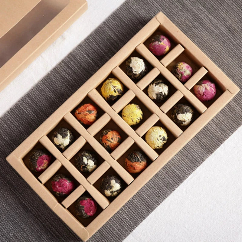 Yunnan Raw Pu'er Tea Dragon Pearls with Rose Jasmine Chrysanthemum Lily Flower Herbal Tea Balls 6 Flavor Puerh Box Blooming Tea