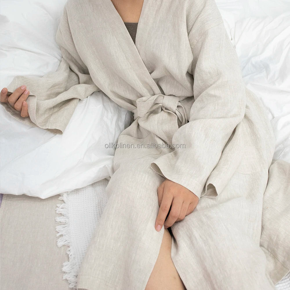 2022 New Arrival Breathable Robes Lounge Solid Custom Soft Linen Robes Kimono for Women