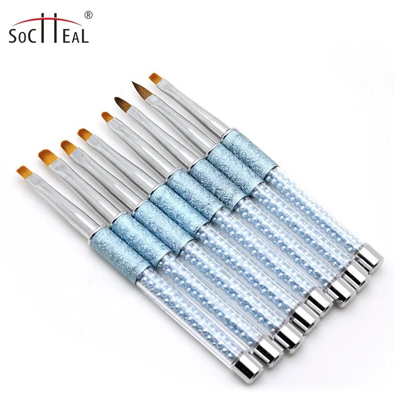 Professional 12pcs Blue Metal Handle Pearl Gel UV Nail Brush Set Liner Oval Flat 3D Detail Luxury Nail Salon Tools