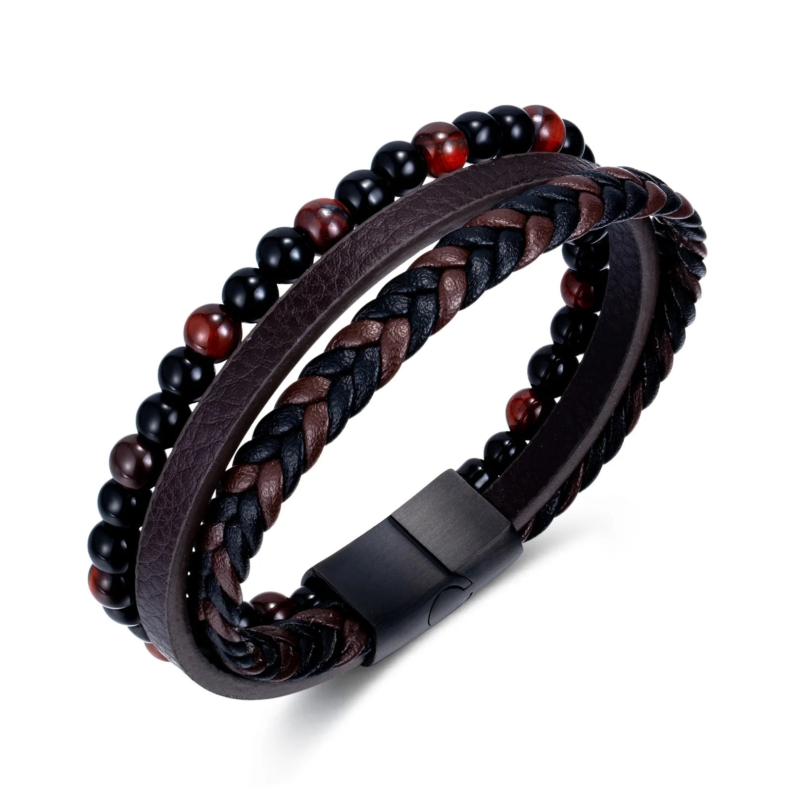 Natural Tiger Eye Stone Beads Stainless Steel Magnetic Buckle Genuine Leather Braided Double Layers Mens Band Bracelets Beaded