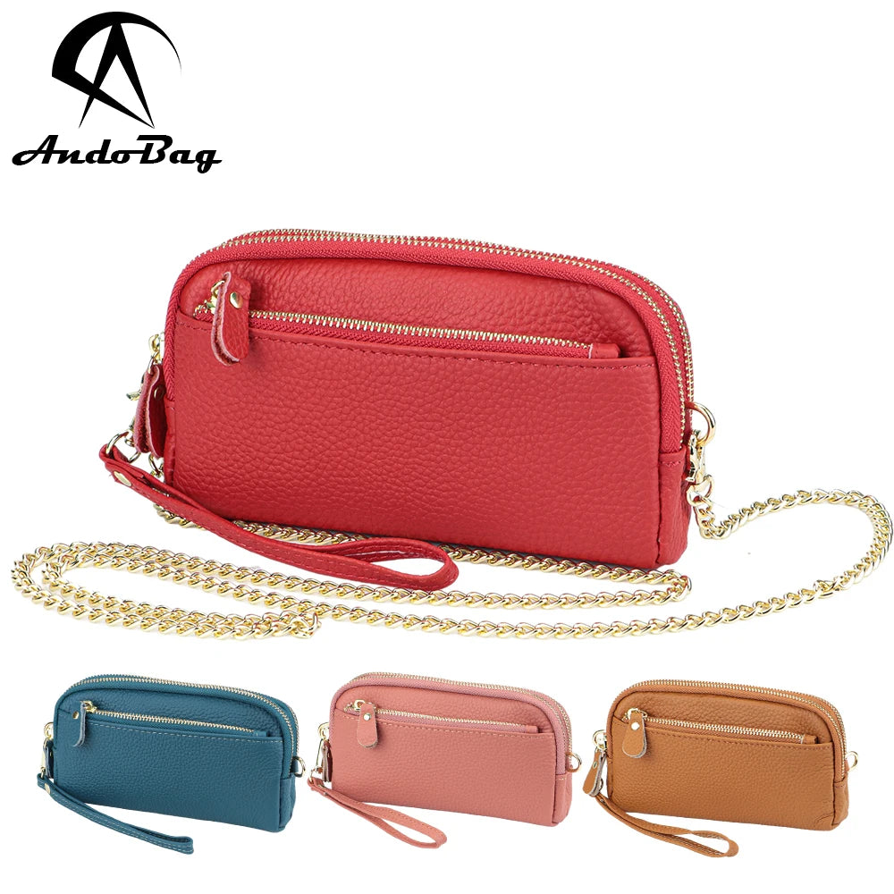 AndoBag Clutch Wallet Purse for Women Genuine Cow Leather Large Capacity Zipper Wallets Fashion Chain Crossbody Bag 1571