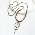 Women Statement 6mm Pic Jasper African Turquoise Red Stone Crystal Glass Beads Circle Ring Drop Links Chain Cross Necklace