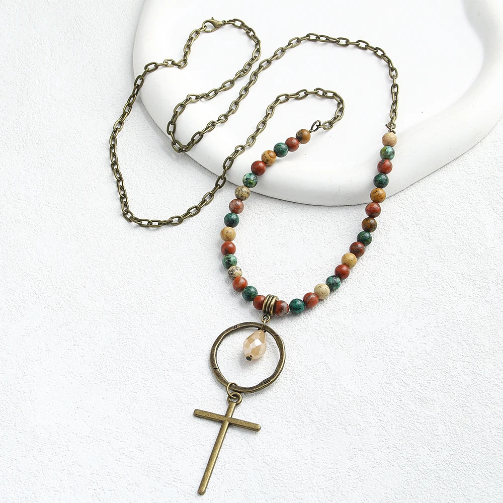 Women Statement 6mm Pic Jasper African Turquoise Red Stone Crystal Glass Beads Circle Ring Drop Links Chain Cross Necklace