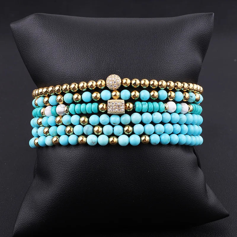 New Design Natural Blue Turquoise Real Pearl Gold Stainless Steel Beads Multi Layers Elastic Beaded Bracelet Set