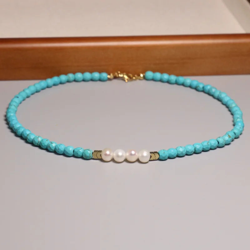 Natural Faceted Blue Turquoise Beaded Necklace for Women Men Pearl Beaded Healing Stone Energy Choker Necklace Wholesale