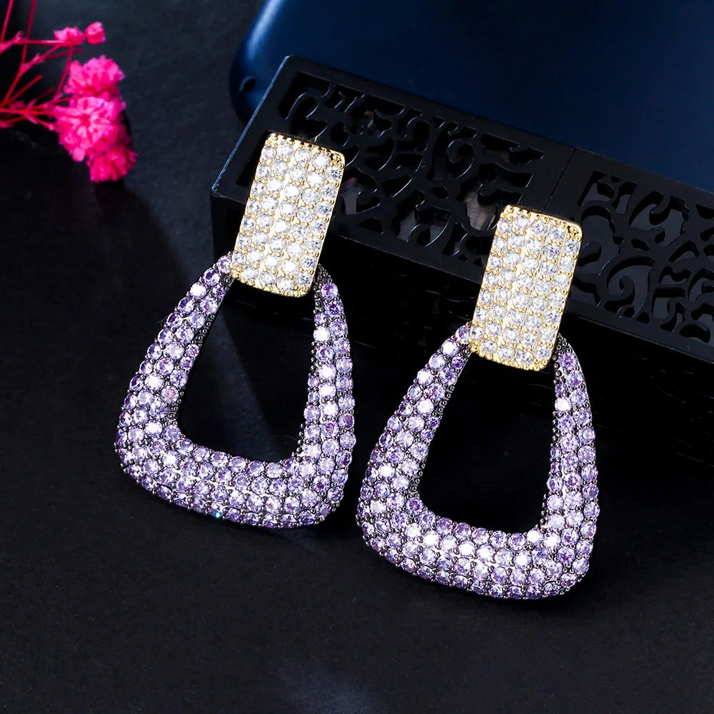 Gorgeous Luxury Full Micro Pave Cubic Zirconia Rectangle Wedding Party Purple Drop Earring Jewelry for Women Elegant Jewelry