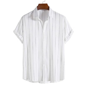 New Summer Men's Fashion Trend Casual Button up Short-sleeved Striped Printed Shirt