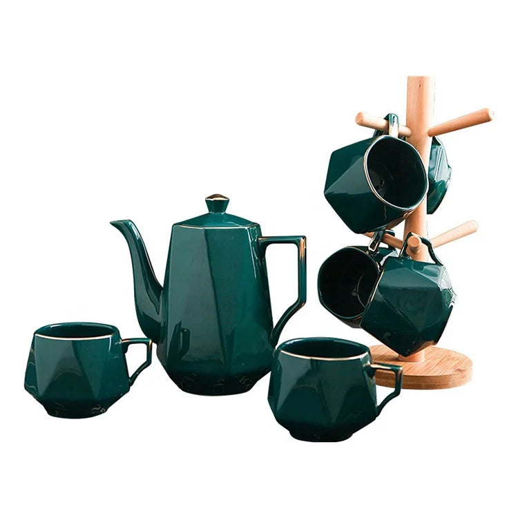Luxury Handmade 6-Piece Porcelain Coffee Mug Gold Rim Canister Jug Peacock Green Vintage Eco-Friendly MIDAS Afternoon Tea Set
