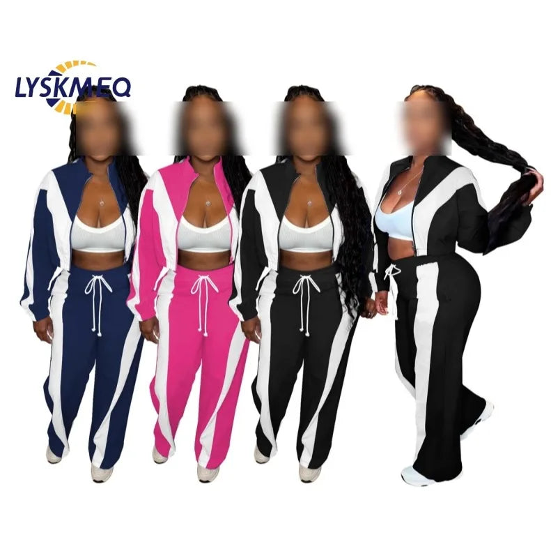 Custom Fall 2025 Casual Stripe Patchwork Two Piece Outfits Tracksuit Women's Color Block Long Crop Top and Pants Matching Sets