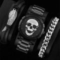Fashion Cool Skull Men's Stainless Steel Strap Wrist Watch Casual Big Dial Quartz Watch and Bracelet 3 Pieces Set