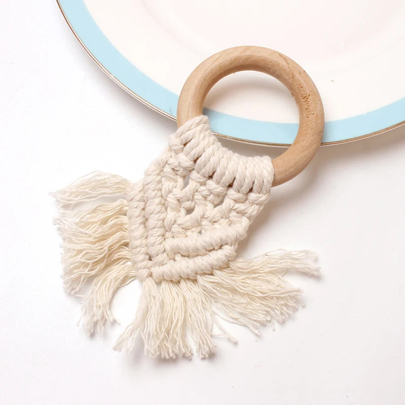 INS New Style Wood Beads Napkin Rings Cotton Rope Hand-Woven Tassels Wooden Napkin Ring Accessories