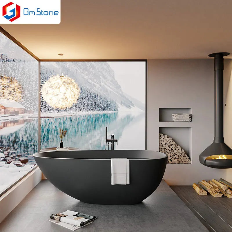 GM New Modern Freestanding Solid Resin Stone Bathtub with Drainer Black Design Cupc Home Soaking Bath Surface Bathroom Bathtubs