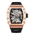 HANBORO Men's Fully Automatic Square Mechanical Watch with Glow Waterproof Rubber Band and Glass Dial Window Pointer Display
