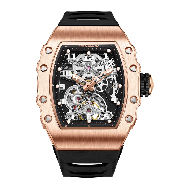 HANBORO Men's Fully Automatic Square Mechanical Watch with Glow Waterproof Rubber Band and Glass Dial Window Pointer Display