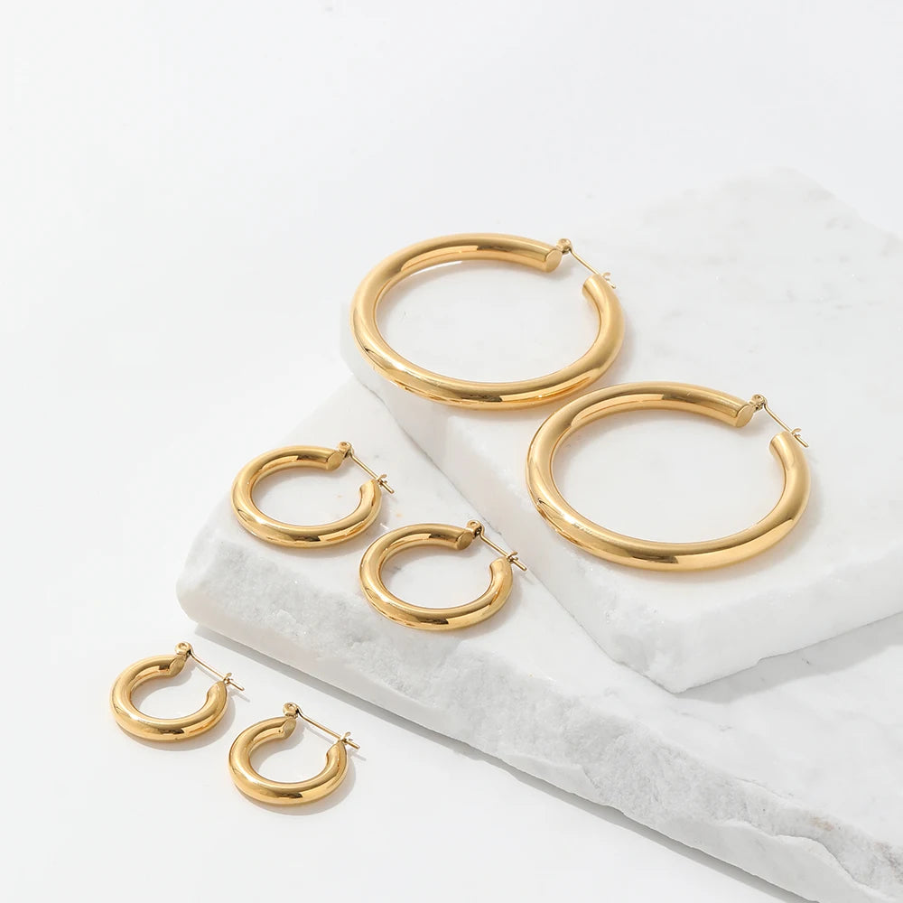 New Trendy Earring 18K Gold Plated Smooth Basic Circle Stainless Steel   Hoop Earrings for Women Fashion Jewelry