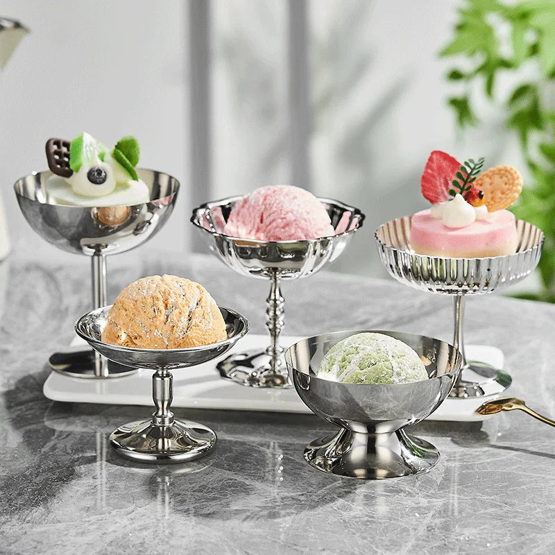 SUS 304 Cake Fruits Displaying Plate High Foot Breakfast Dessert Bowl Coconut Yogurt Pudding Bowl Milkshake Cup Ice Cream Bowl