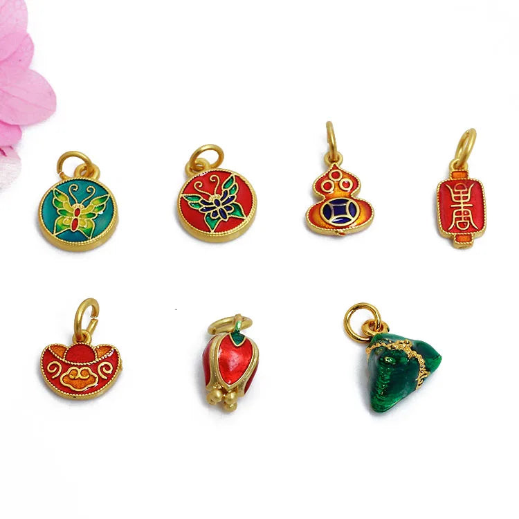 JS1627 Dainty Chinese Elements Matte Gold Plated Enamel rainbow butterfly Longevity Medal Fortune Flower Cloisonne Charm Pendant