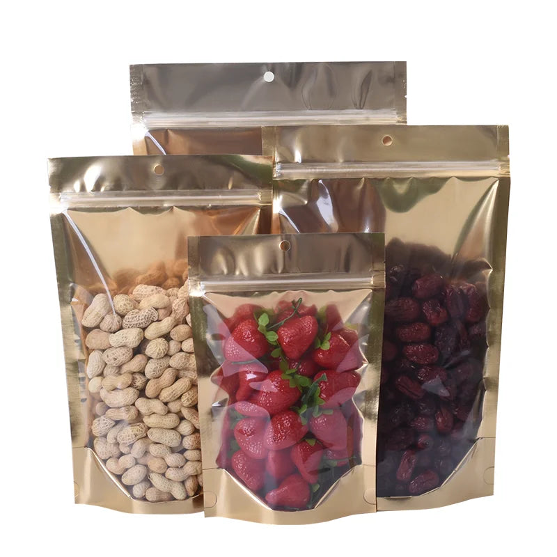 Custom Printed Clear Front Silver/Gold Aluminum Foil Pack Zip Lock Stand up Food Pouch Packaging Plastic Bag with Zipper