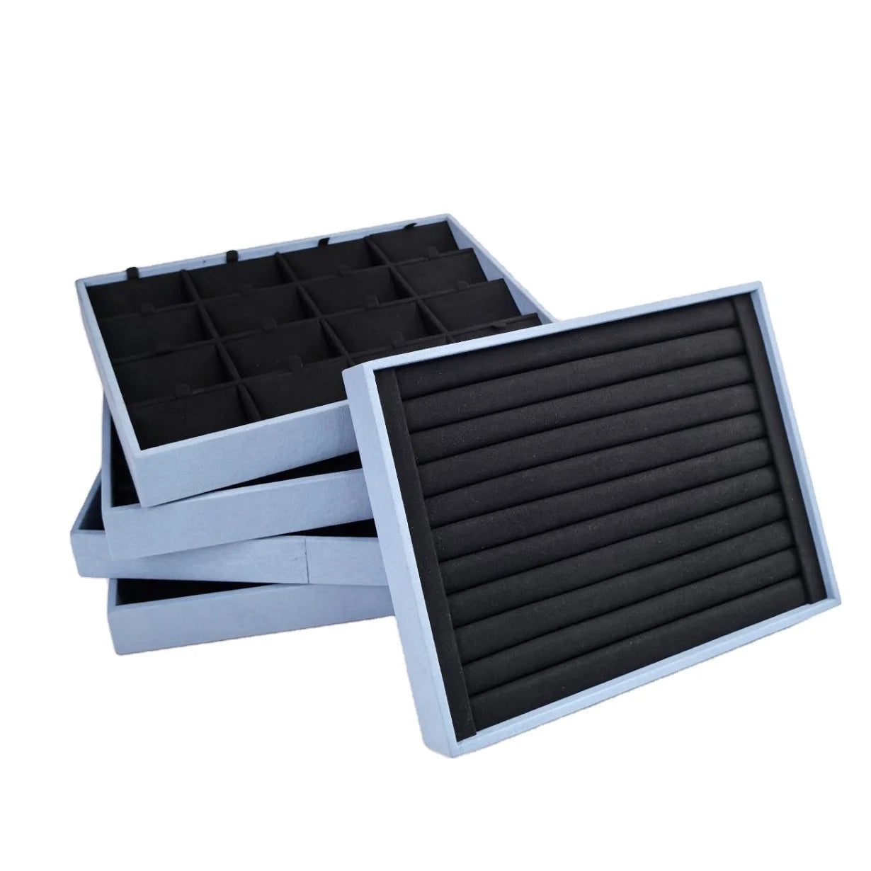 Customized Logo Luxury Light Blue Microfiber Wrapped Jewellery Display Tray Ring Earring Pendant Bracelet Jewelry Tray