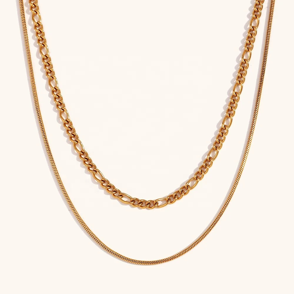 Dingran New Trendy Double Layer Figaro Chain &Snake Chain Necklace Gold Plated Stainless Steel Jewelry