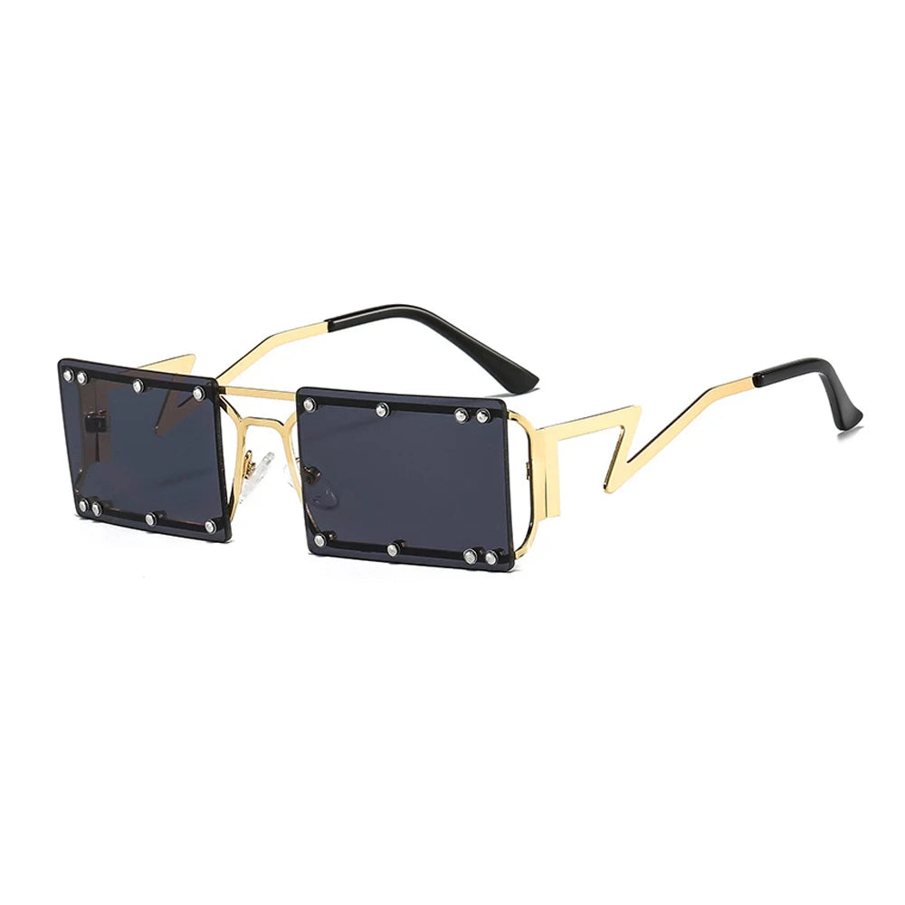 STORY JH-M502 Personality Small Frame Steampunk Shades Glasses Modern Square Metal Rivet UV400 Champagne Punk Sun Glasses
