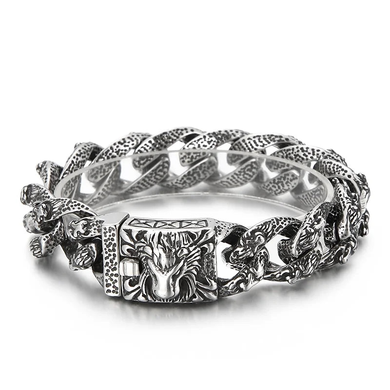 KALEN 220mm Punk Stainless Steel Lion Head Pattern Link Bracelets for Men