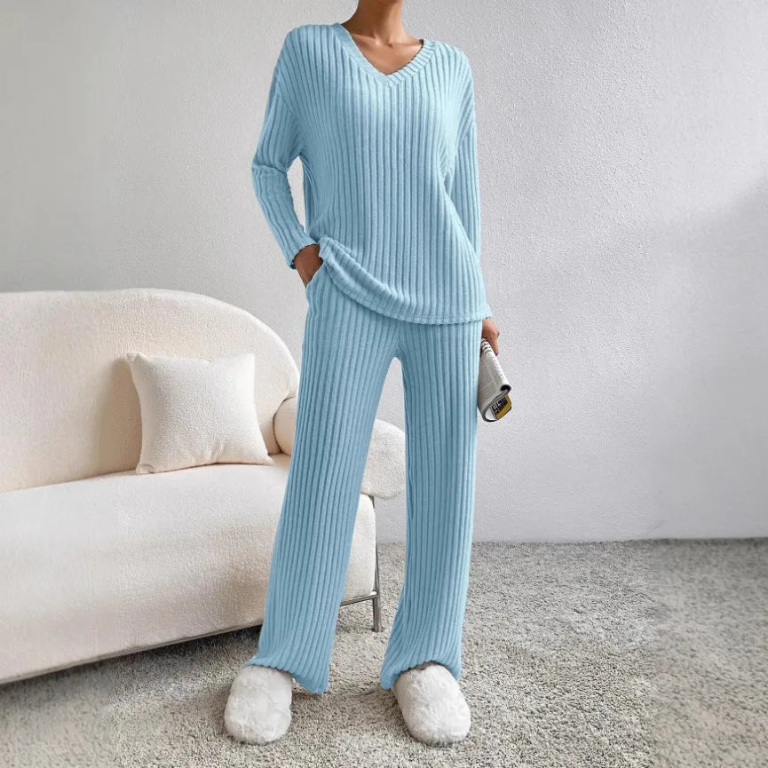 Women's Autumn Winter Knitted Cotton Suit Solid Color Home Clothes Loose Long-sleeved Casual V-neck Top Trousers Two-piece Set