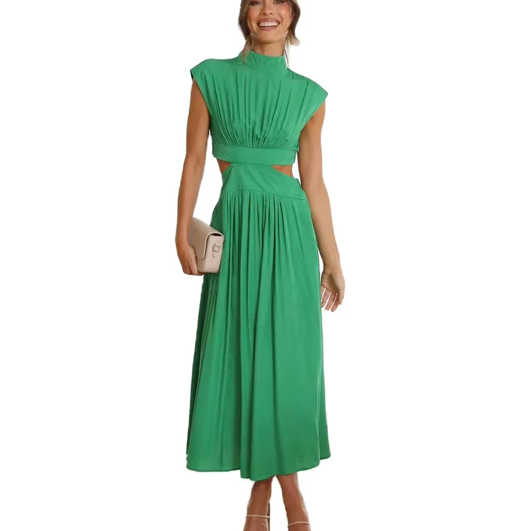 New Summer Women Dresses Clothing Sleeveless Stand Collar Solid Color Fashion Hollow Out Waist Elegant Modest Casual Dresses