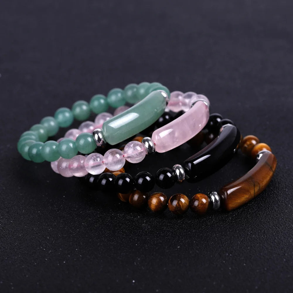8mm Elastic Rectangle Stretch Fashion Charm Bracelet Genuine Natural Tiger Eyes Red Agate Pink Quartz Jade Topaz Crystal Stone