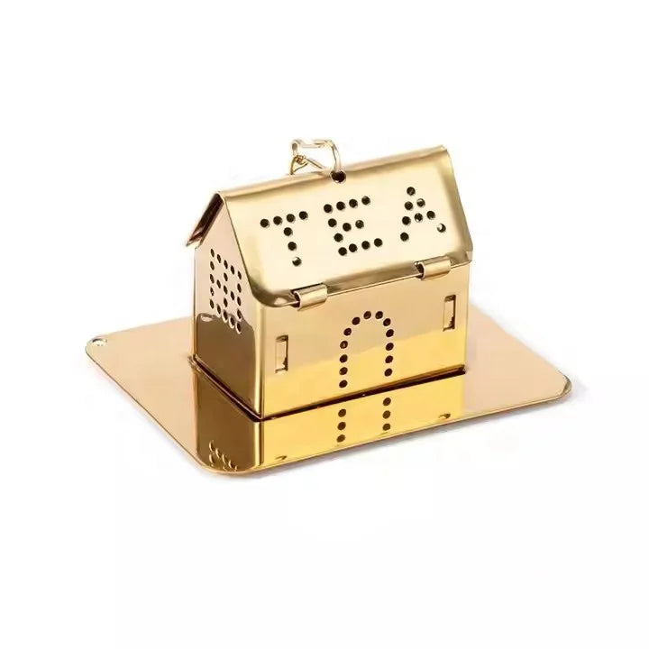 High Quality Mini House Shape 304 Stainless Steel Tea Infuser Creative Silver Golden Drip Tray with Chain for Loose Tea