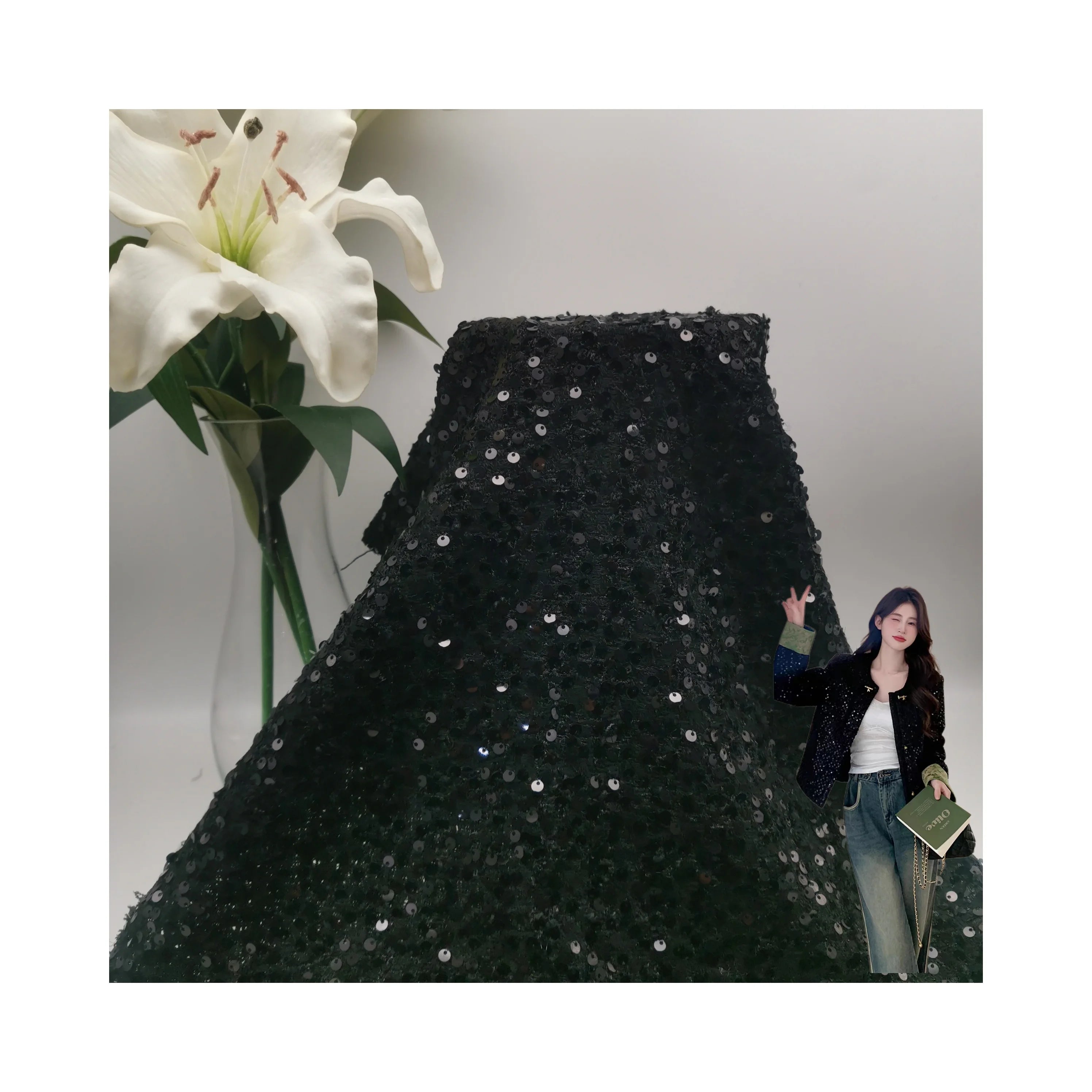 2024 New Fashion 100%Polyester Embroidery Tweed Metallic Lurex Yarn Sequin Fabric for Clothing