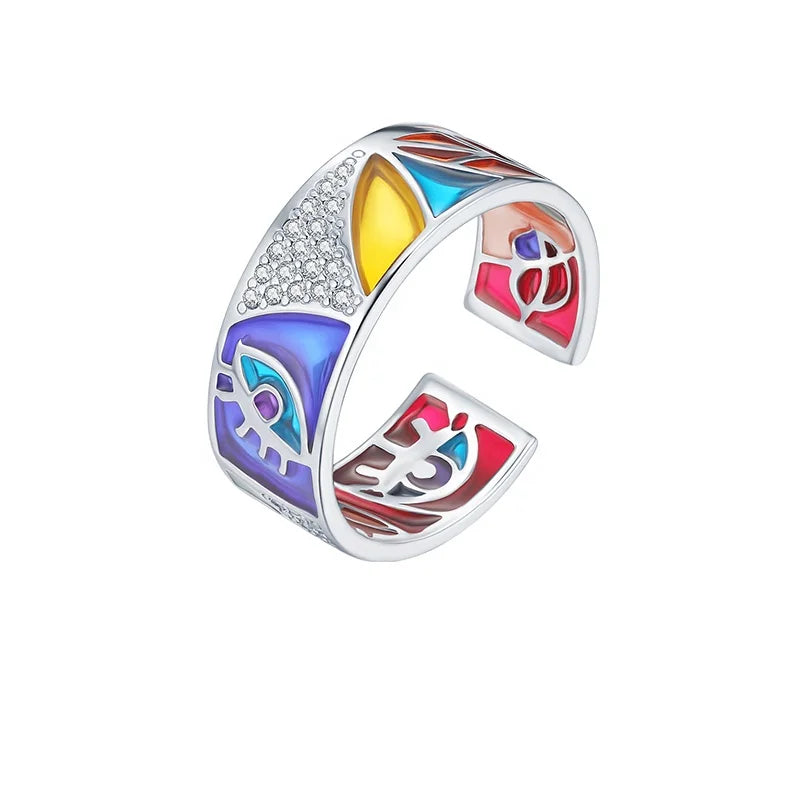 Fashion 925 Sterling Silver Jewelry Personality Vintage Colorful Enamel Open Ring
