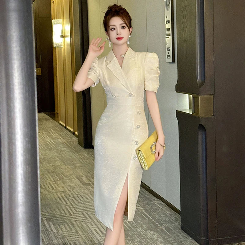 ZYHT 50758 Ladies Summer Elegant Satin Plus Size Lapel Neck Blazer Dress Career Business Suits Office Formal Dress for Women