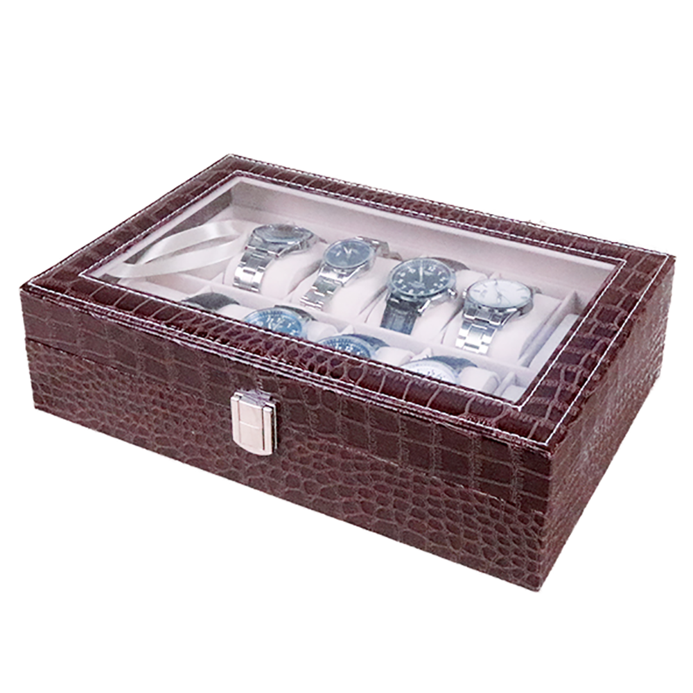 New Custom Logo Luxury Brown Crocodile Pattern PU Leather Large Capacity 12 Slots Watch Storage Box Case
