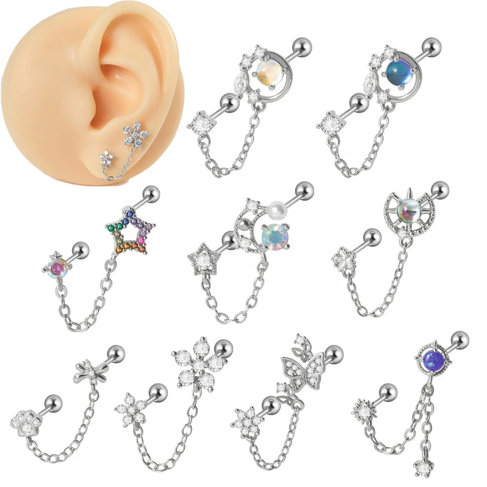 Surgical Steel Double Chain Gold Plated Trendy Zircon Earrings Tragus Helix Ear Lobe Studs Flower Moon Star Women Fashion