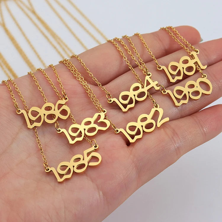 K120 Personalized 1980-2020 Birthday Digital 18K PVD Gold Plated Jewelry Stainless Steel Birth Number Year Pendant Necklace